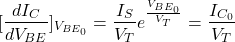 \[\left.[ \frac{dI_C}{dV_{BE}}]_{V_{BE_0}} = \frac{I_S}{V_T} e^{\frac{V_{BE_0}}{V_T}} = \frac{I_{C_0}}{V_T}\]