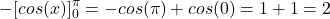 \[-[cos(x)]_{0}^{\pi}=-cos(\pi)+cos(0)=1+1=2\]