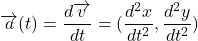 \[\overrightarrow{a}(t)=\frac{d\overrightarrow{v}}{dt}=(\frac{d^2x}{dt^2},\frac{d^2y}{dt^2})\]