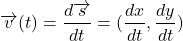 \[\overrightarrow{v}(t)=\frac{d\overrightarrow{s}}{dt}=(\frac{dx}{dt},\frac{dy}{dt})\]
